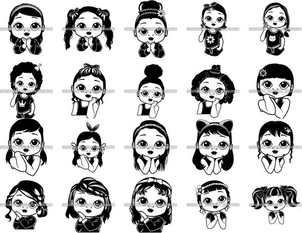 Bundle 20 Adorable Cute Baby Girl Closed Up Face Children Kids Toddler Infant Innocent Princess SVG Cutting Files For Silhouette Cricut and More!