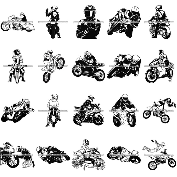 Bundle 20 Men Riding Bike Sport Bike Chopper Motorcycle Helmet Designs For T-Shirt and Other Products SVG PNG JPG Cutting Files For Silhouette Cricut and More!