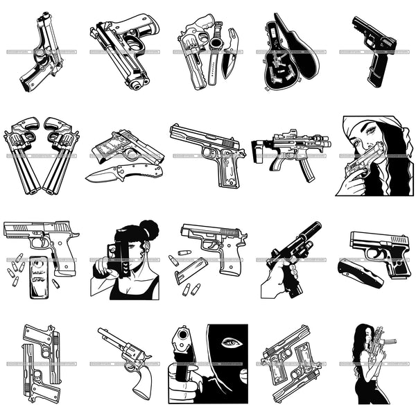 Bundle 20 Hand Gun Protection Weapon Pistol Criminal Death Woman Caring Glock Designs For T-Shirt and Other Products SVG PNG JPG Cutting Files For Silhouette Cricut and More!