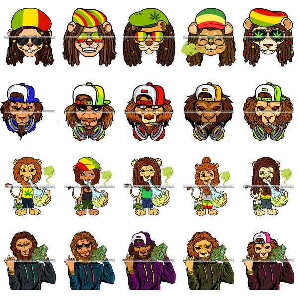 Bundle 20 Rasta Lion Smoking Bong Gangster Money Talks SVG JPG PNG Vector Designs Clipart For Cricut Silhouette Cut Cutting and More!