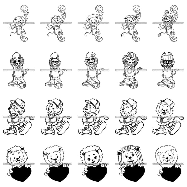 Bundle 20 Cute Lion Basketball Player Heart Fashion Gangster Animal SVG JPG PNG Vector Designs Clipart For Cricut Silhouette Cut Cutting and More!