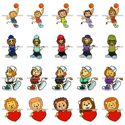 Bundle 20 Cute Lion Basketball Player Heart Fashion Gangster Animal SVG JPG PNG Vector Designs Clipart For Cricut Silhouette Cut Cutting and More!