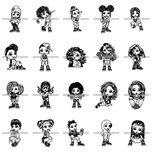 Bundle 20 Cute Lola Cartoon Character Gangsta Gangster Big Eyes Fashion Diva Melanin Nubian Gun Weapon Bad Ass Girl SVG JPG PNG Vector Clipart Cricut Silhouette Cut Cutting