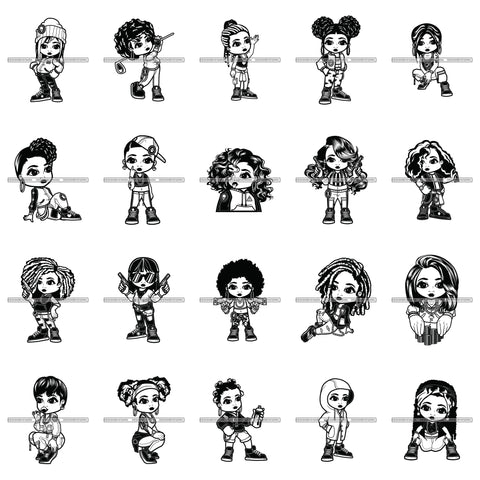 Bundle 20 Cute Lola Cartoon Character Gangsta Gangster Big Eyes Fashion Diva Melanin Nubian Gun Weapon Bad Ass Girl SVG JPG PNG Vector Clipart Cricut Silhouette Cut Cutting