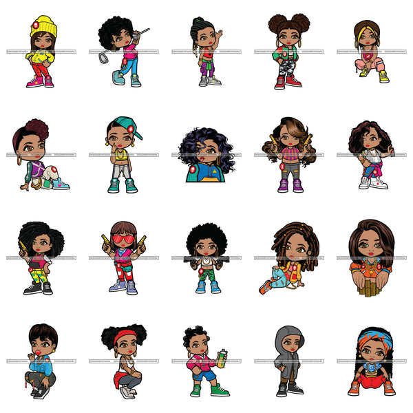 Bundle 20 Cute Lola Cartoon Character Gangsta Gangster Big Eyes Fashion Diva Melanin Nubian Gun Weapon Bad Ass Girl SVG JPG PNG Vector Clipart Cricut Silhouette Cut Cutting
