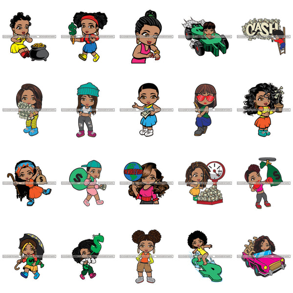 Bundle 20 Hustler Cute Woman Money Ice- cream Gold Watch Cash Sign Luxury Wealthy Lifestyle Money Maker Designs For T-Shirt and Other Products SVG PNG JPG Cutting Files For Silhouette Cricut and More!