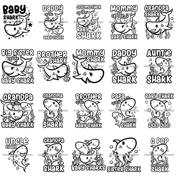 Bundle 20 Mom Dad Grampa Grandma Shark Cute Designs Fish Water Family Shark PNG JPG SVG Cutting Files For Silhouette Cricut and More!