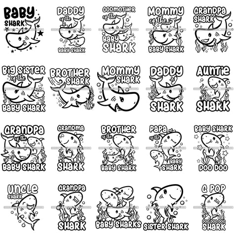 Bundle 20 Mom Dad Grampa Grandma Shark Cute Designs Fish Water Family Shark PNG JPG SVG Cutting Files For Silhouette Cricut and More!