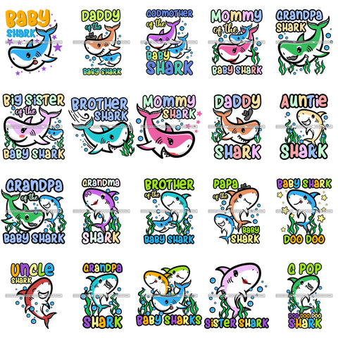 Bundle 20 Mom Dad Grampa Grandma Shark Cute Designs Fish Water Family Shark PNG JPG SVG Cutting Files For Silhouette Cricut and More!