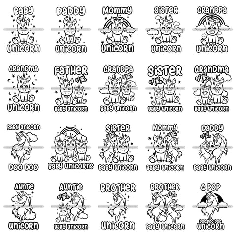 Bundle 20 Cute Auntie Grandma Father Grandpa Baby Unicorns Clouds Lovely Family Celebration Fantasy Fairytale B/W SVG JPG PNG Vector Clipart Cricut Silhouette Cut Cutting