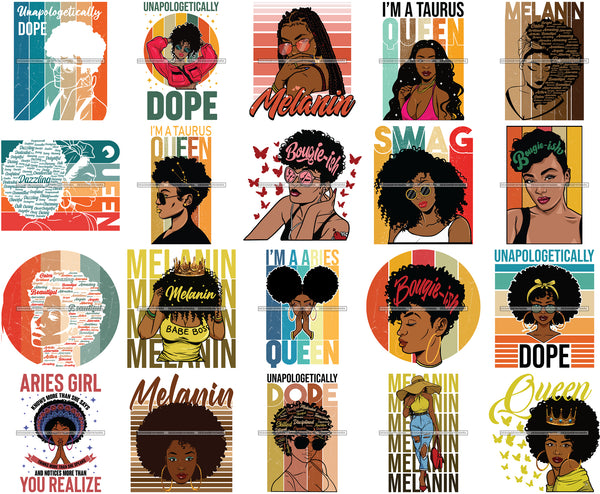 Bundle 20 Afro Dope Melanin Diva Quotes Designs Elements Queen Swag PNG JPG SVG Cutting Files