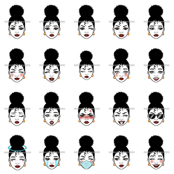Bundle 20 Afro Melanin Afro Puff Hairstyle Emoji Face Designs Element PNG JPG Cut Files For Silhouette Cricut and More!