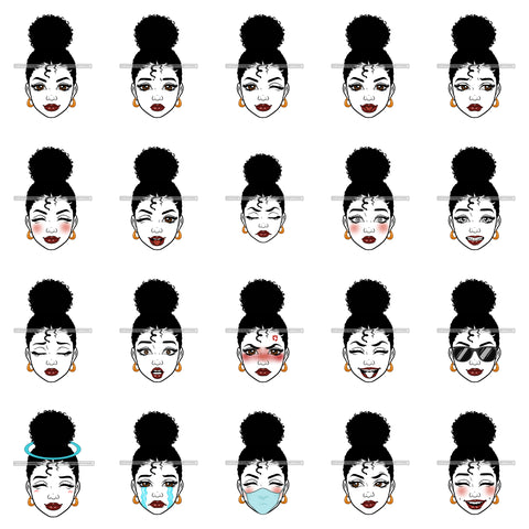 Bundle 20 Afro Melanin Afro Puff Hairstyle Emoji Face Designs Element PNG JPG Cut Files For Silhouette Cricut and More!