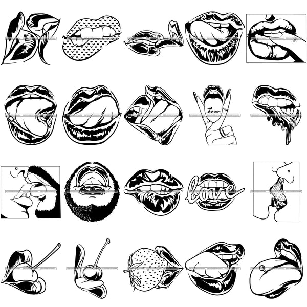 Bundle 20 Sexy Erotic Lips Kissing Lips Together Mouth Tongue Woman Man Licking Sex BW SVG PNG JPG Cutting Files For Silhouette Cricut and More!
