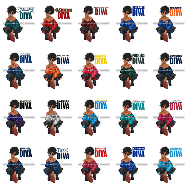 Bundle 22 Diva Woman Squatting American Football Team Sports Touchdown Professional Uniform SVG PNG JPG Cutting Files For Silhouette Cricut and More!