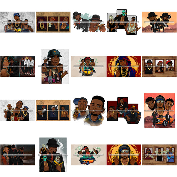 Bundle 20 Gansta Boys Gangster Man Gold Chain Hip Hop Cover Mafia Ganga Black Man Money Power Cash Flow JPG PNG Clipart Cricut Silhouette Cut Cutting