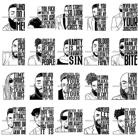 Bundle 20 Afro Black Man Life Quotes Half Face Men Melanin African American Male PNG JPG SVG Cutting Files For Silhouette Cricut and More!