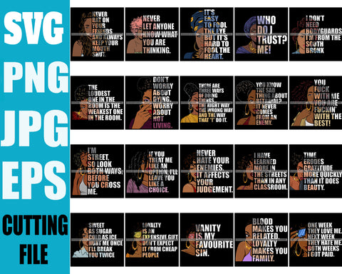Bundle 20 Afro Urban Woman Gangster Quotes Street Girl Hipster Boss Lady Black Woman Nubian Queen Melanin SVG Cutting Files For Silhouette Cricut and More