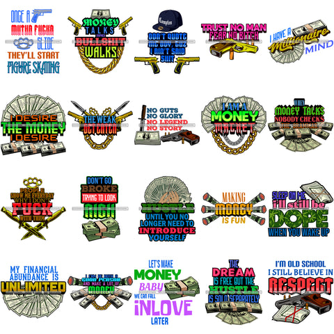 Bundle 20 Money Gangster Gansta Street Life Quotes Hustler Hustling Dinero SVG PNG JPG Cutting Files For Silhouette Cricut and More!
