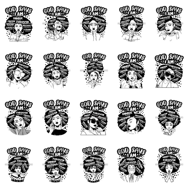Bundle 20 Afro Woman God Says I'm Forgiven Black Girl Magic Melanin Nubian God Quotes SVG JPG PNG Cutting Files For Silhouette Cricut and More