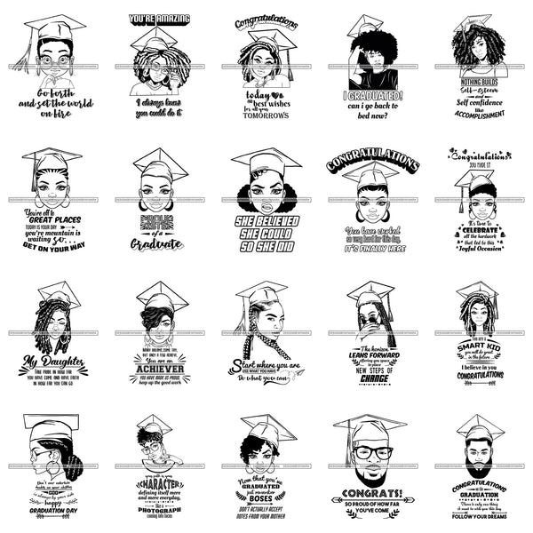 Bundle 20 Graduation Quotes Cap Woman Man Success Achievements Education College Ceremony Student Graduate SVG PNG JPG Cutting Files For Silhouette Cricut and More!