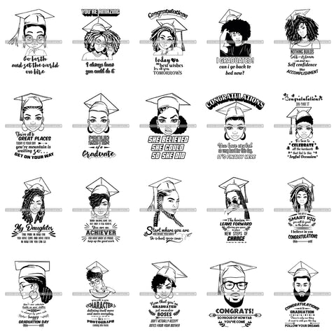 Bundle 20 Graduation Quotes Cap Woman Man Success Achievements Education College Ceremony Student Graduate SVG PNG JPG Cutting Files For Silhouette Cricut and More!