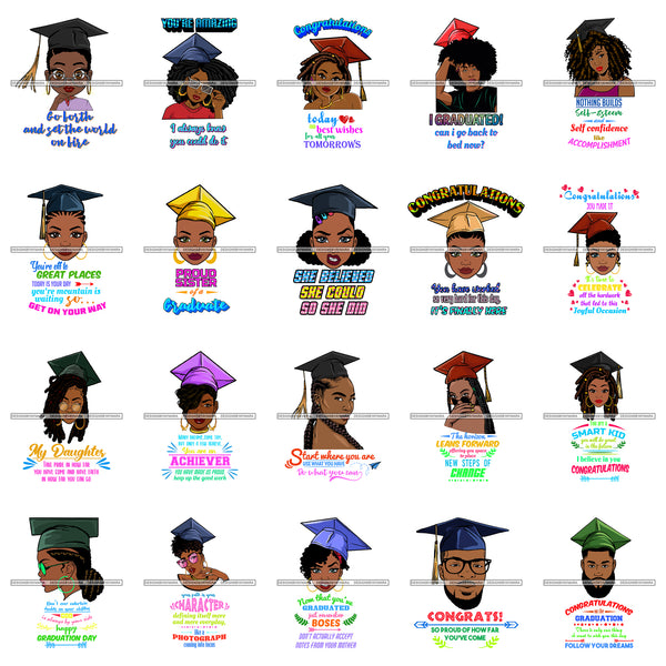 Bundle 20 Graduation Quotes Cap Woman Man Success Achievements Education College Ceremony Student Graduate SVG PNG JPG Cutting Files For Silhouette Cricut and More!