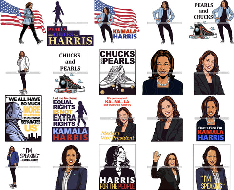 Bundle 20 Vice President Kamala Harris Chucks and Pearls 2021 Inauguration Designs Woman Power PNG JPG Cutting Files For Silhouette Cricut and More