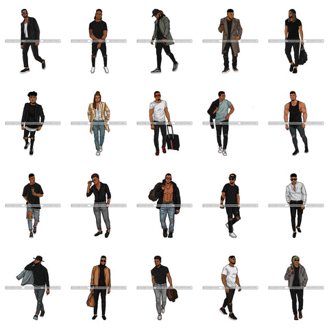 Bundle 20 Afro Black Latino Man Handsome Bearded Men Strong Fit Sexy Fashion Model Melanin African American Male PNG JPG SVG Cutting Files For Silhouette Cricut and More!