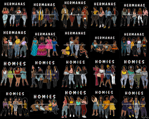 Bundle 20 Hermanas Homies Sisters Black Sistas Best Friends Afro Women Melanin Family SVG JPG PNG Vector Clipart Cricut Silhouette Cut Cutting