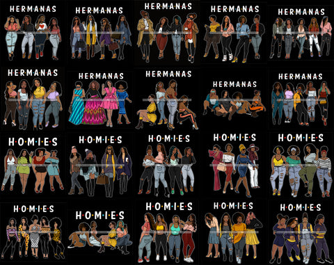 Bundle 20 Hermanas Homies Sisters Black Sistas Best Friends Afro Women Melanin Family SVG JPG PNG Vector Clipart Cricut Silhouette Cut Cutting