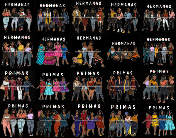 Bundle 20 Hermanas Primas Cousins Sisters Black Sistas Best Friends Afro Women Melanin Family SVG JPG PNG Vector Clipart Cricut Silhouette Cut Cutting