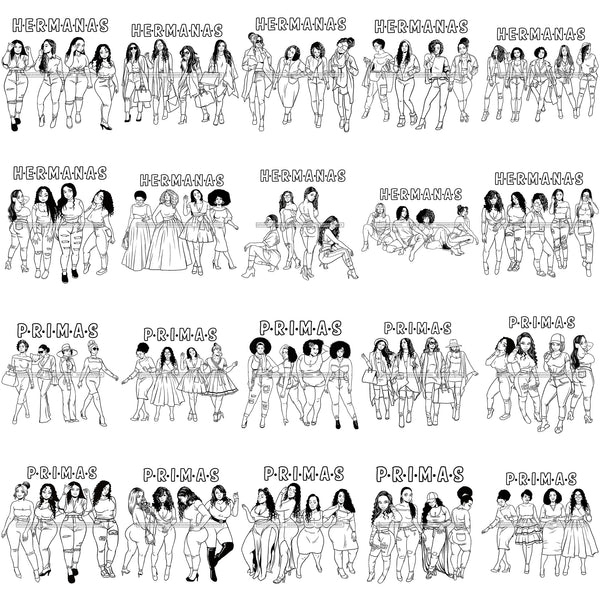 Bundle 20 Hermanas Primas Cousins Black Sistas Best Friends Afro Women Melanin Family SVG JPG PNG Vector Clipart Cricut Silhouette Cut Cutting