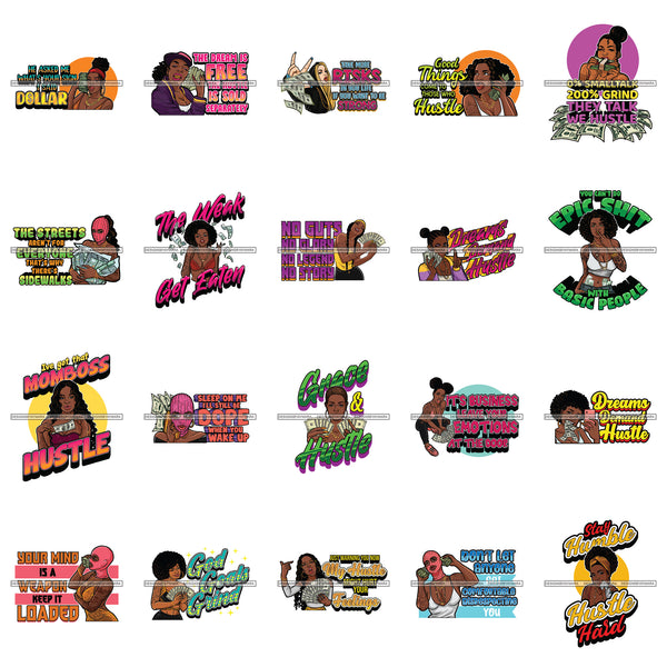 Bundle 20 Afro Hustle Hustling Hustler I Got That Mom Boss Hustle Quotes Melanin Pretty Woman Melanin Black Girl Magic Nubian PNG JPG SVG Cutting Files For Silhouette Cricut and More!
