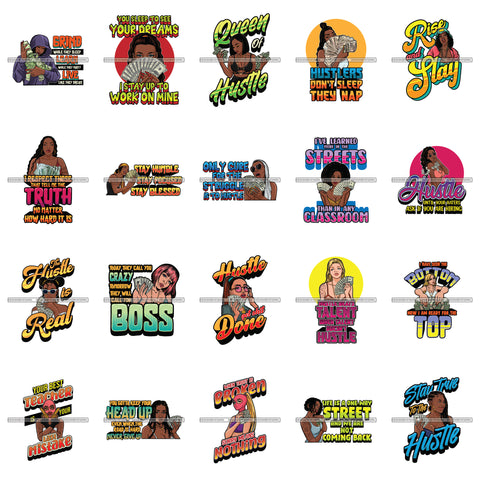 Bundle 20 Afro Hustle Hustling Hustler Queen Of Hustle Quotes Melanin Pretty Woman Melanin Black Girl Magic Nubian PNG JPG SVG Cutting Files For Silhouette Cricut and More!