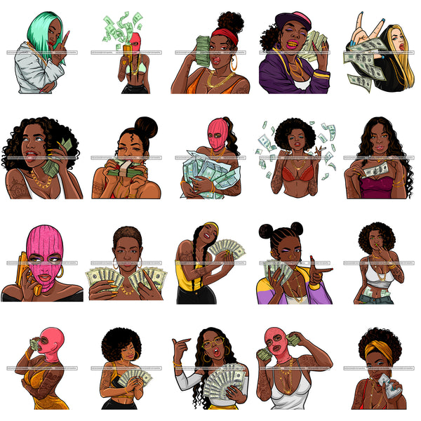 Bundle 20 Gangster Hustler Hustling Hustle Woman 100 Dollar Bill Showing Up Stacks Money Savage Street Hipster Girl PNG JPG SVG Cutting Files For Silhouette Cricut and More!