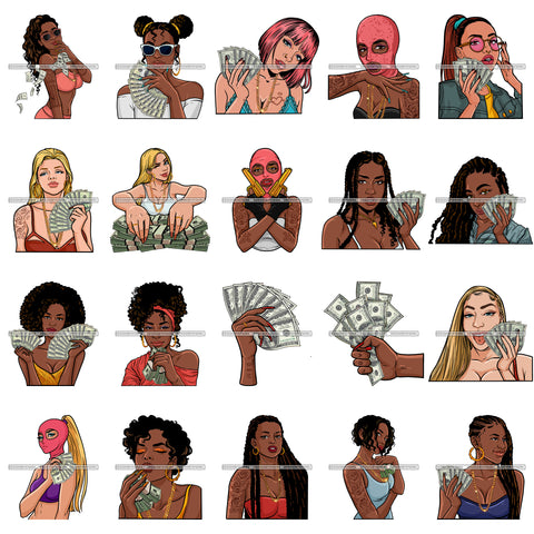 Bundle 20 Gangster Hustler Hustling Hustle Woman 100 Dollar Bill Showing Up Stacks Money Savage Street Hipster Girl PNG JPG SVG Cutting Files For Silhouette Cricut and More!