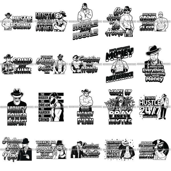 Bundle 20 Gangster Black Man Wake Up Pray Hustle Quotes Hustler Hustling Savage Money 100 Dollar Bill Street Man African American Male PNG JPG SVG Cutting Files For Silhouette Cricut and More!