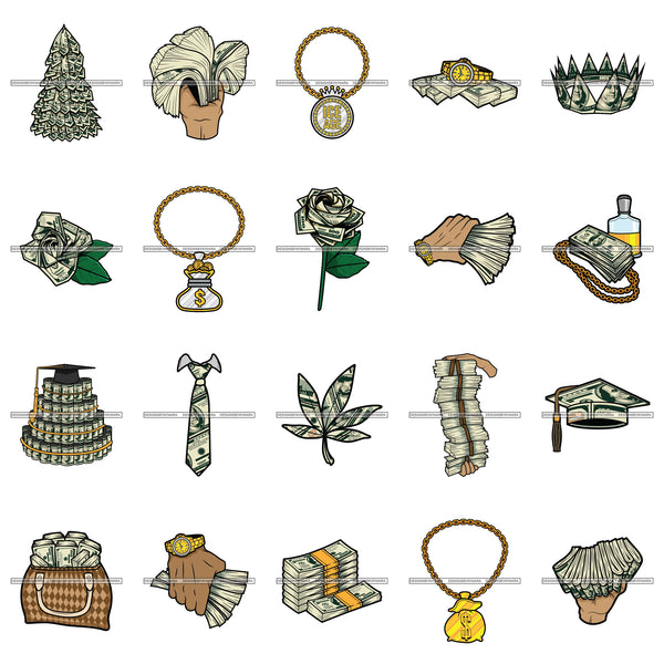Bundle 20 Money Tree Gold Chain Stuck Money Weed Leaf 100 Dollar Bill Dinero Hustler Grind SVG PNG JPG Cutting Files For Silhouette Cricut and More!