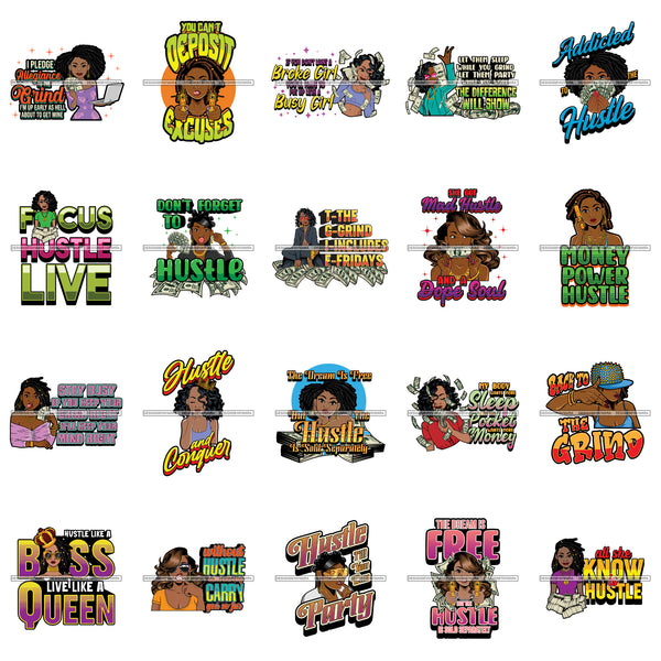 Bundle 20 Hustler Like A Boss Lady Hustling Money Maker Hard Worker Savage Successful Woman  PNG JPG SVG Cutting Files For Silhouette Cricut and More!