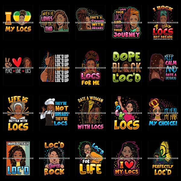 Bundle 20 I Love My Locs Hairstyle Dope Woman Date A Woman with Locs Quotes PNG JPG SVG Cutting Files For Silhouette Cricut and More!