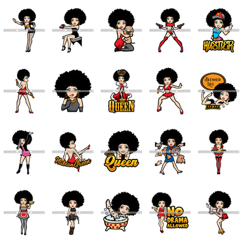Bundle 20 Sexy Afro Girl Cartoon Character Afro Hairstyle Sassy Black Girl Magic Queen SVG JPG PNG Vector Clipart Cricut Silhouette Cut Cutting