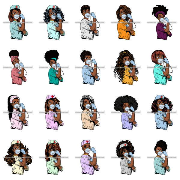 Bundle 20 Afro Lola Nurse Doctor Save Life Hero Wearing Mask Protection Flexing Strong Medical Occupation SVG Cutting Files