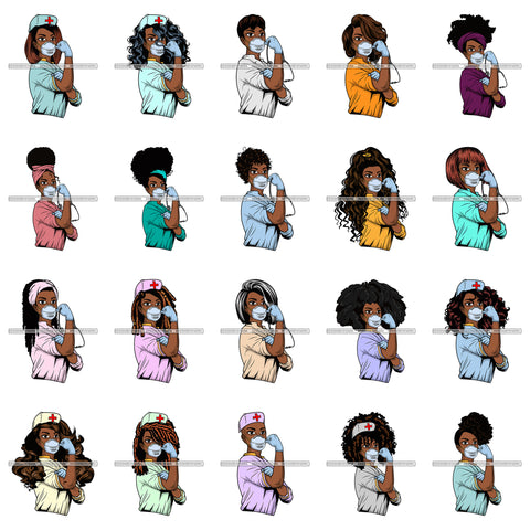 Bundle 20 Afro Lola Nurse Doctor Save Life Hero Wearing Mask Protection Flexing Strong Medical Occupation SVG Cutting Files