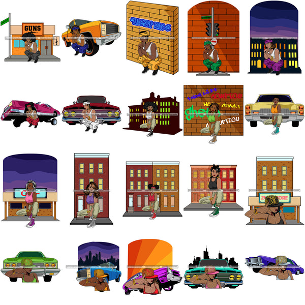 Bundle 20 Afro Gangsta Lola Hood Ghetto Background Graffiti Walls Guns Projects Gangster Cars Liquor Store SVG Cutting Files For Silhouette Cricut and More