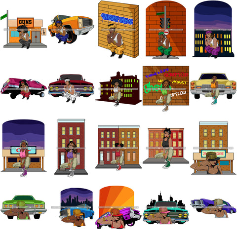 Bundle 20 Afro Gangsta Lola Hood Ghetto Background Graffiti Walls Guns Projects Gangster Cars Liquor Store SVG Cutting Files For Silhouette Cricut and More