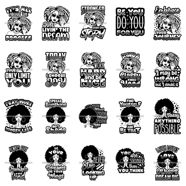 Bundle 20 Positive Quotes Woman With Glasses Praying Melanin Queen Brown Sugar Dope Diva SVG Cut Files For Silhouette Cricut and More!
