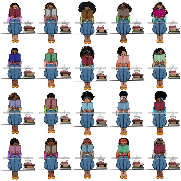 Bundle 20 Afro Lola Reading A Book Education Smart Woman Drinking Coffee .SVG Cutting Files For Silhouette Cricut and More!