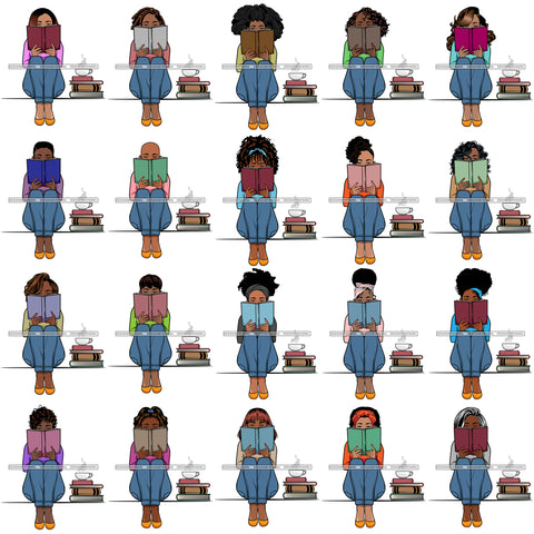 Bundle 20 Afro Lola Reading A Book Education Smart Woman Drinking Coffee .SVG Cutting Files For Silhouette Cricut and More!