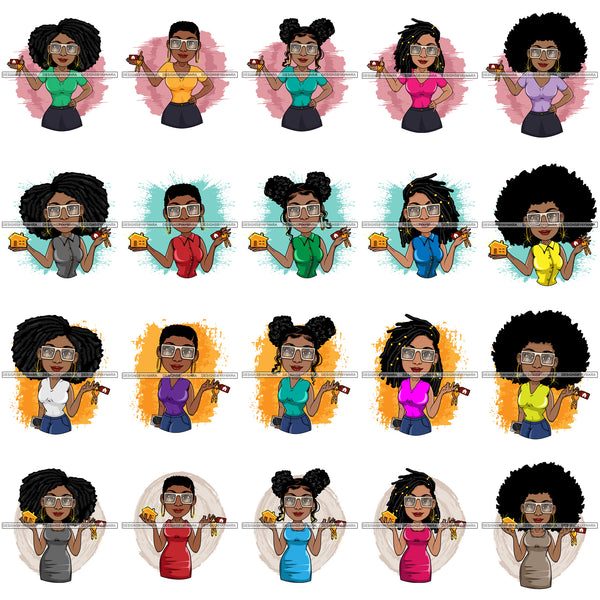Bundle 20 Afro Lola Wearing Glasses Realtor Real State Broker Businesswoman Melanin Afro Woman SVG JPG PNG Layered Cutting Files For Silhouette Cricut and More